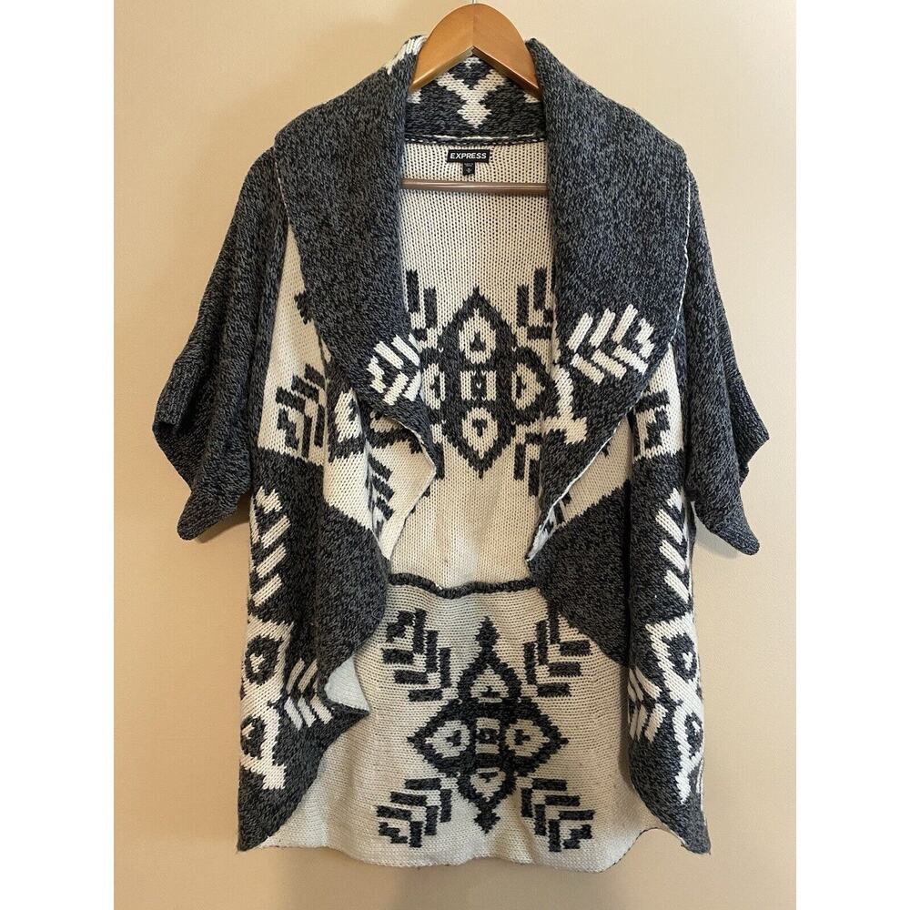 Express Women’s Gray And White Aztec Wool Blend Open Cardigan Size Medium